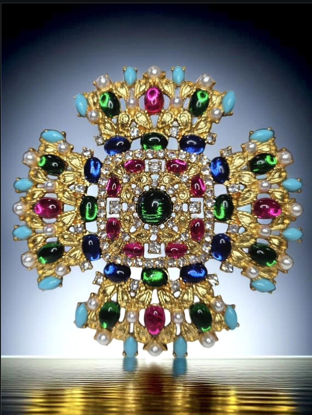 Massive High-end Designer Maltese Cross Cabochon Crystal Brooch